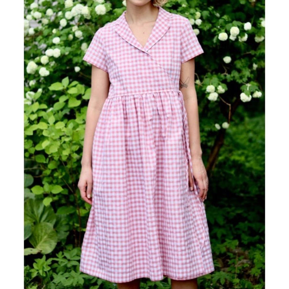 OFFON pink cotton gingham checkered wrap dress